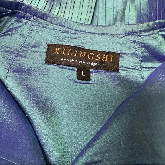 Xilingshi Janet Eagan Design Silk Pintucket Jacket Iridescent Blue Size L - Picture 4 of 5